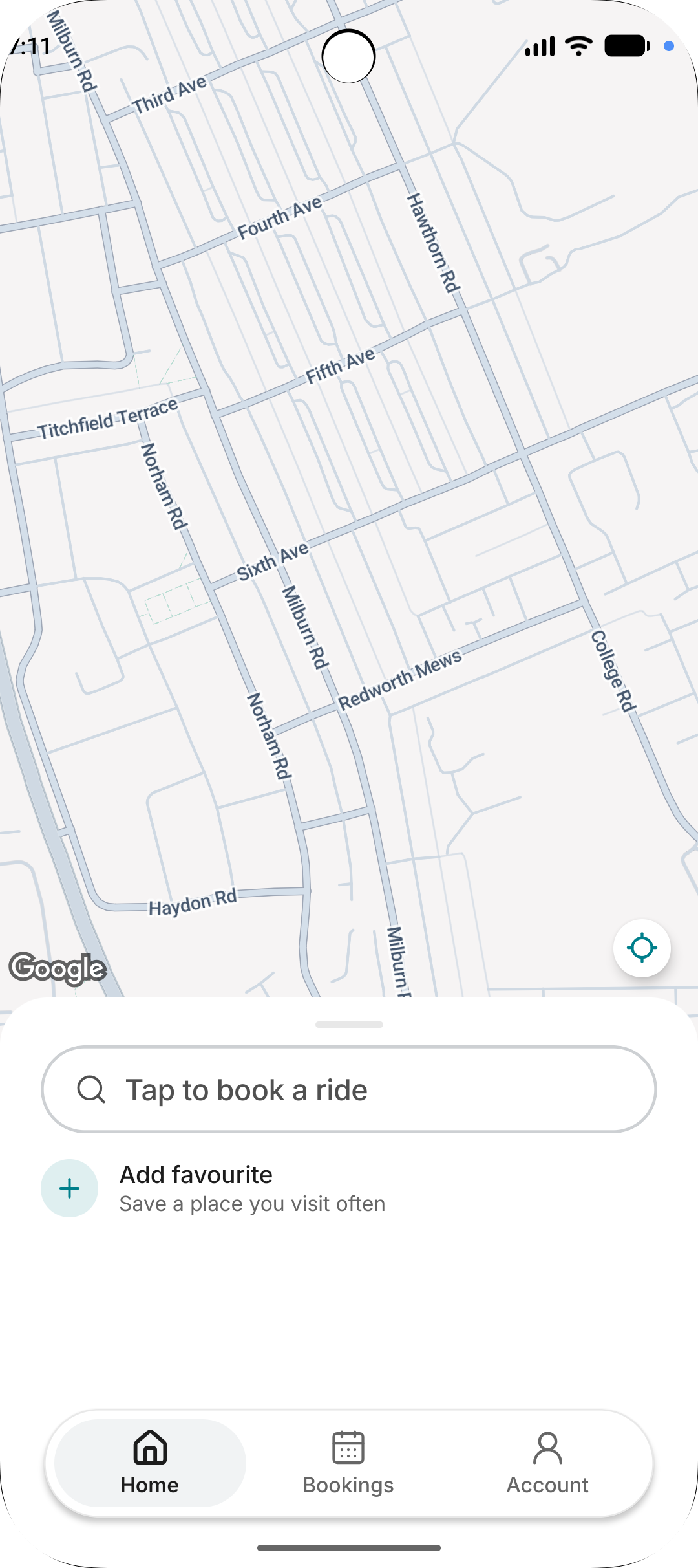 Wansbeck Wheels app home screen with map and Tap to book a ride